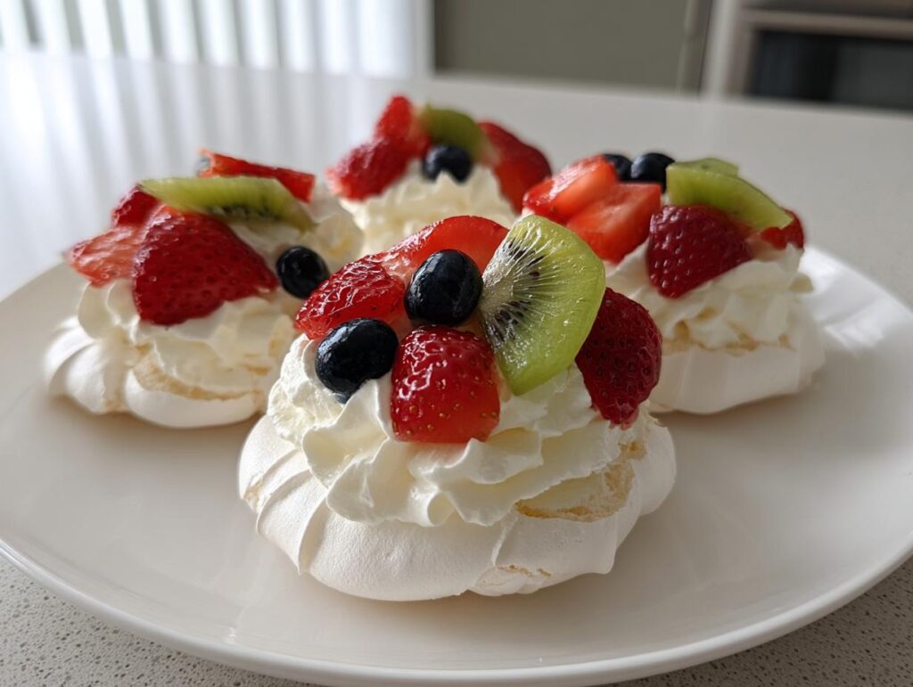 Three mini pavlova dessert nests topped with whipped cream, strawberries, kiwi, and blueberries on a white plate.