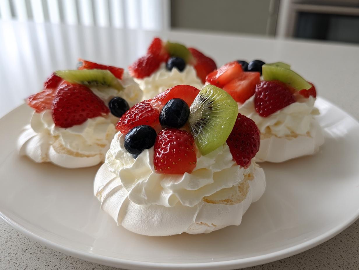 Three mini pavlova dessert nests topped with whipped cream, strawberries, kiwi, and blueberries on a white plate.