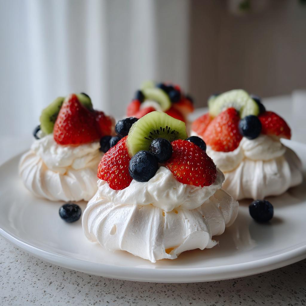 Close-up of mini pavlova dessert nests topped with strawberries, kiwi, and blueberries.