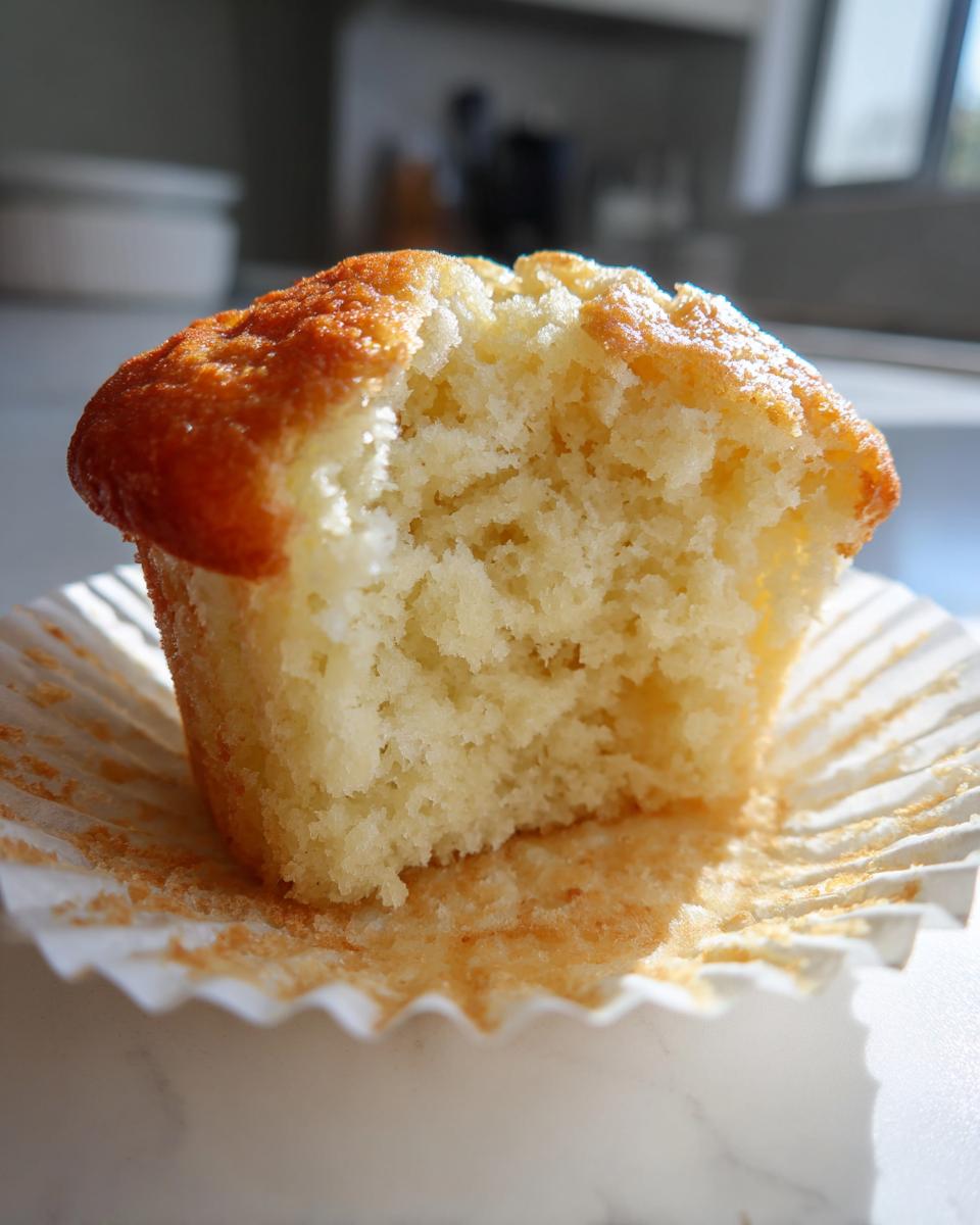 Close-up of a moist plain cupcake half in a white paper liner on a white surface.