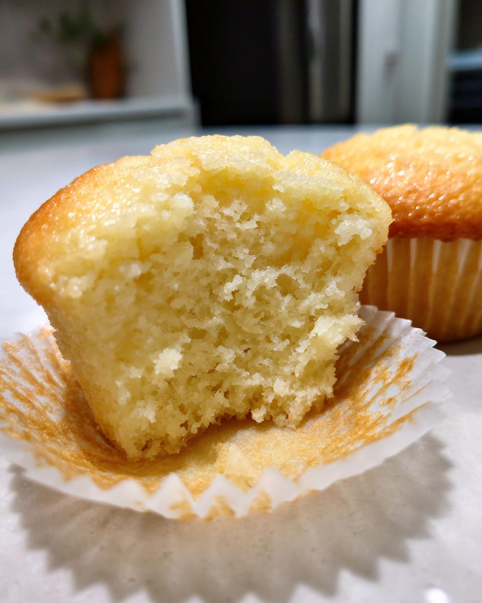 Close-up of a moist vanilla cupcake with a bite taken out, showcasing its soft texture.