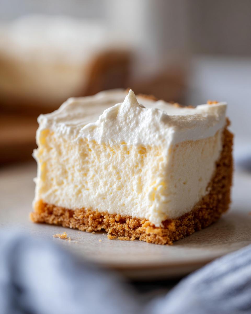 Close-up of a creamy no-bake cheesecake slice with graham cracker crust, an easy make ahead desserts option.