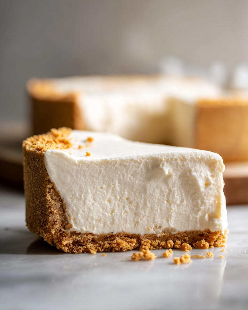 Slice of creamy no-bake cheesecake with graham cracker crust, an easy make ahead desserts option.