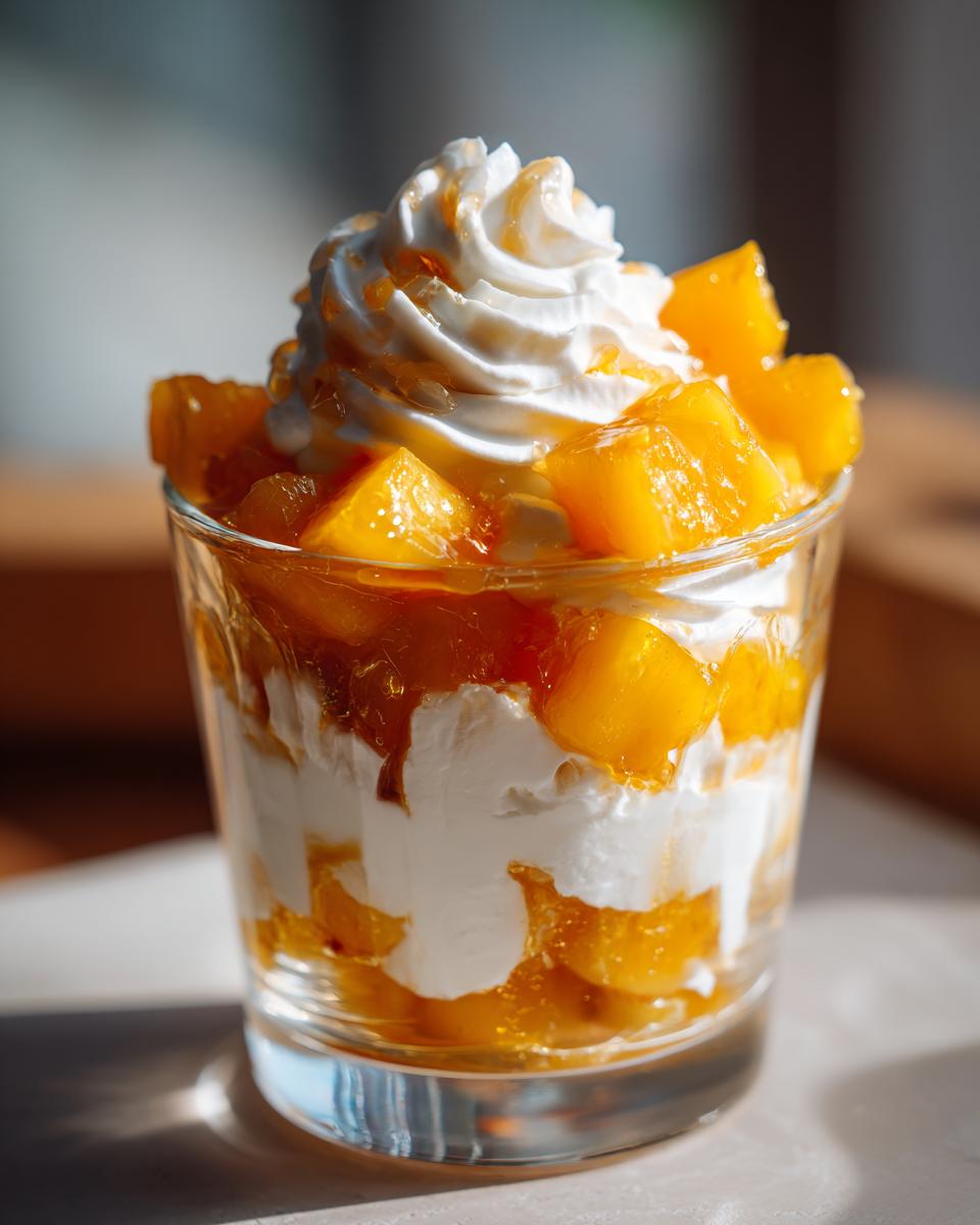 Glass cup filled with no bake peach dessert cups topped with whipped cream and peach chunks.
