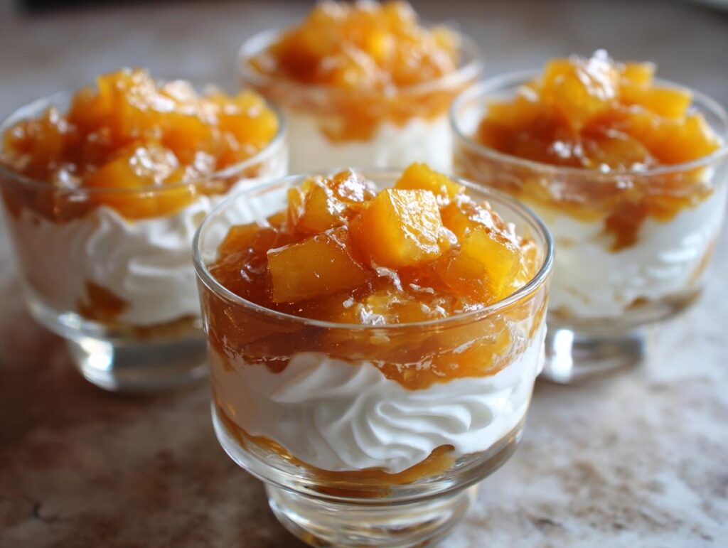 Four no bake peach dessert cups with whipped cream and peach topping in clear glass cups.