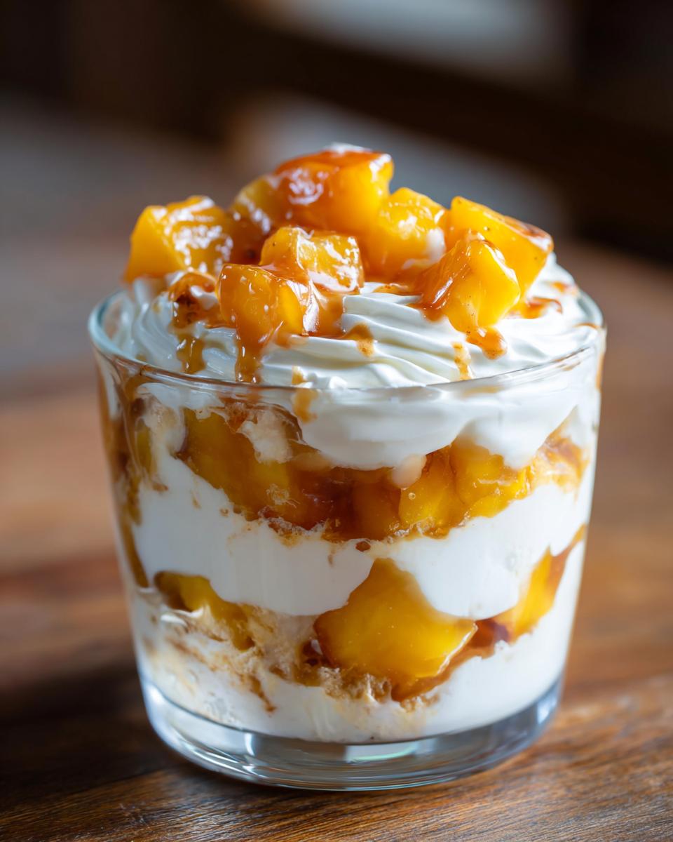 Glass cup filled with no bake peach dessert cups layered with whipped cream and peach chunks.