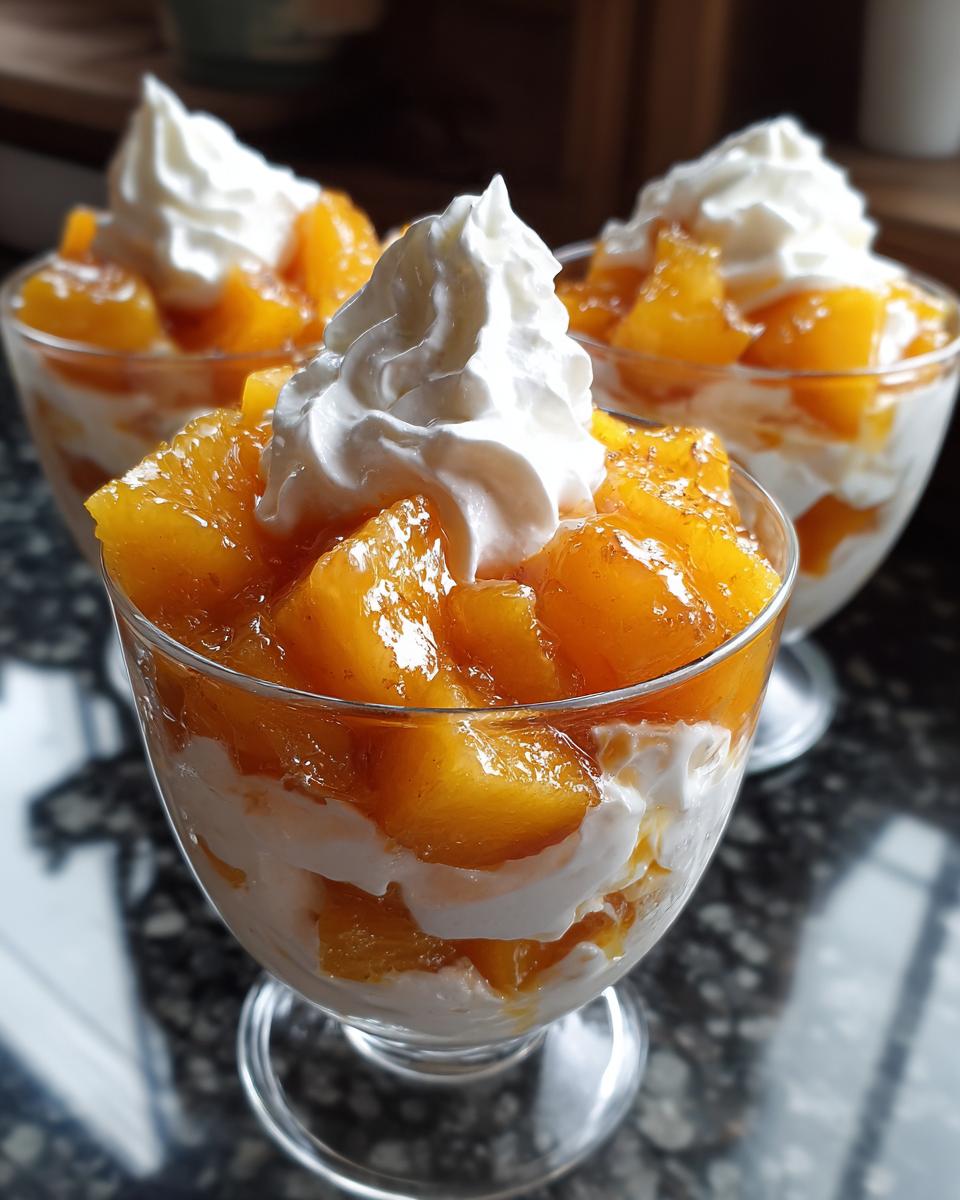 Three no bake peach dessert cups topped with whipped cream on a dark countertop.