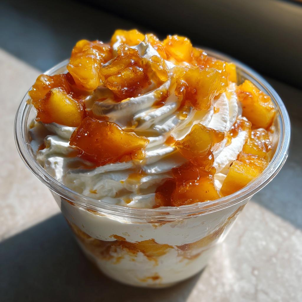 Clear cup filled with no bake peach dessert cups topped with whipped cream and peach chunks