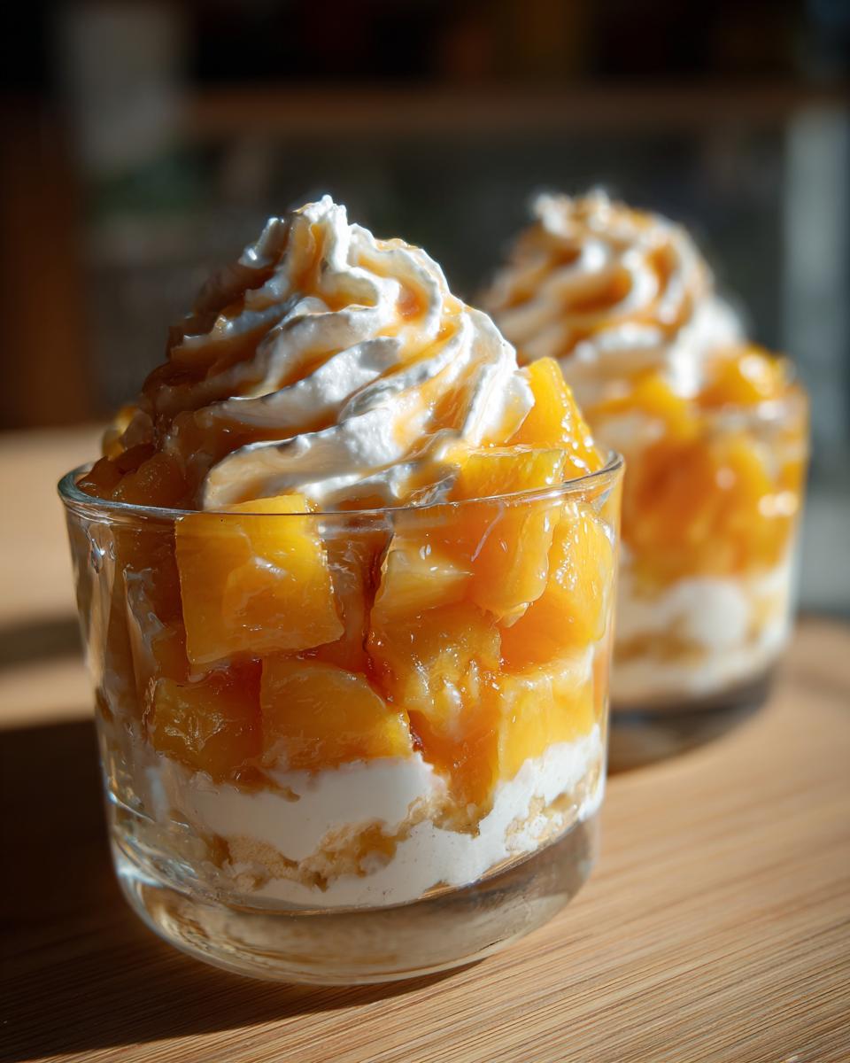 Two no bake peach dessert cups layered with peaches, cream, and whipped topping