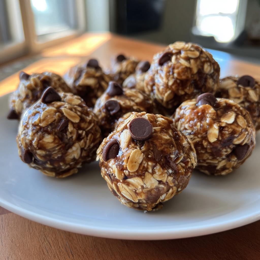 Plate of no bake snack balls made with oats and chocolate chips close-up