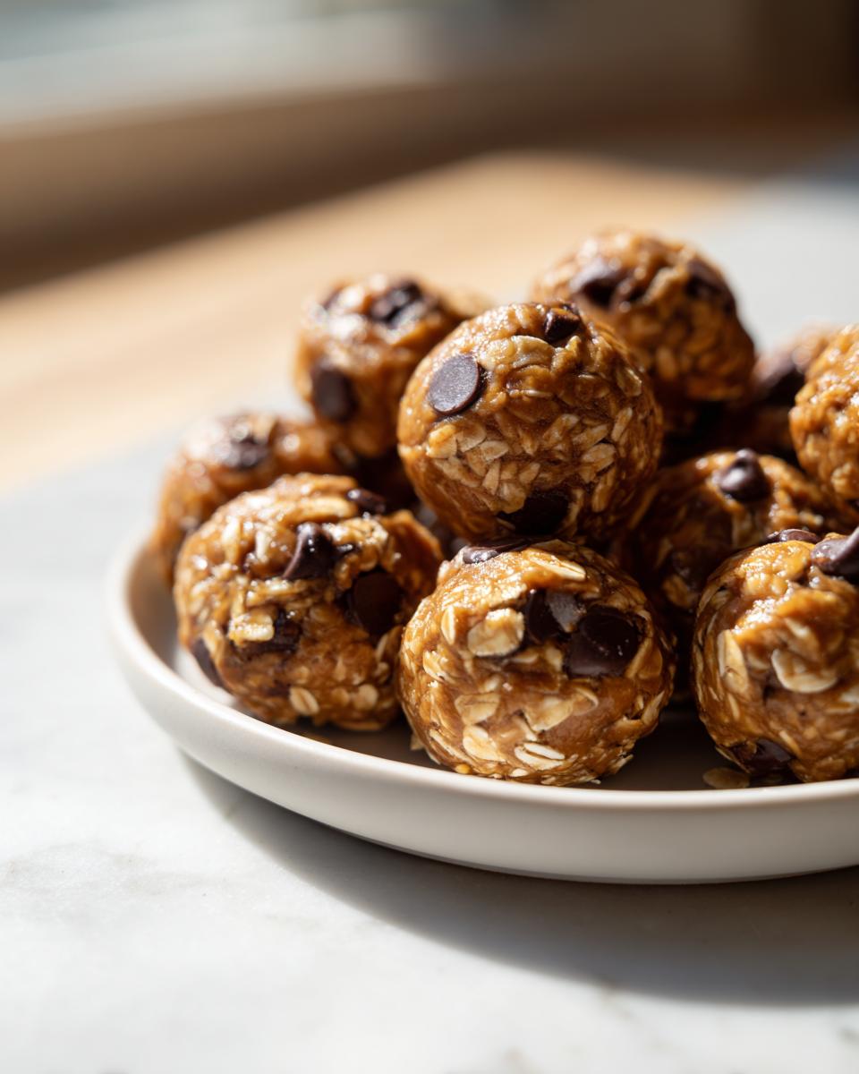 Plate of no bake snack balls made with oats and chocolate chips close-up