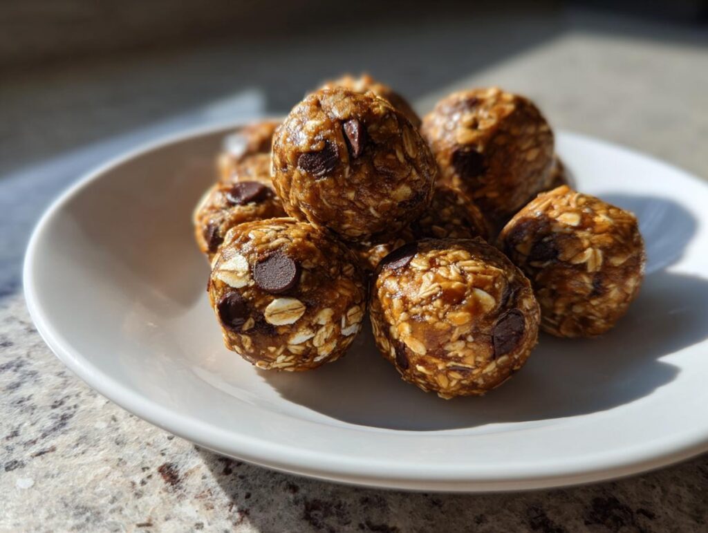 Close-up of no bake snack balls with oats and chocolate chips on a white plate.