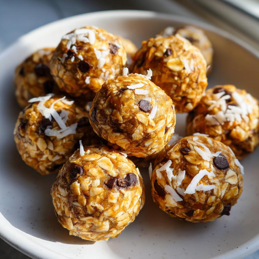 Close-up of no bake sweet snack ideas energy bites with oats, chocolate chips, and coconut flakes.