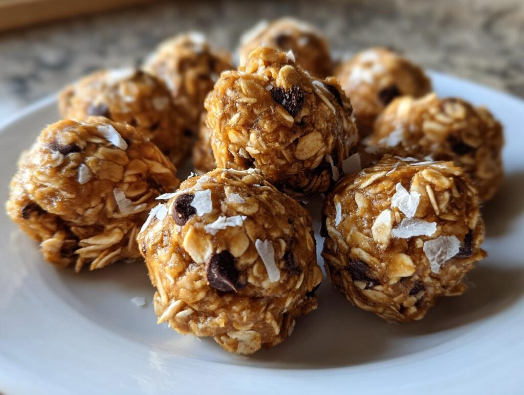 Close-up of no bake sweet snack ideas energy bites with oats and chocolate chips on a white plate.