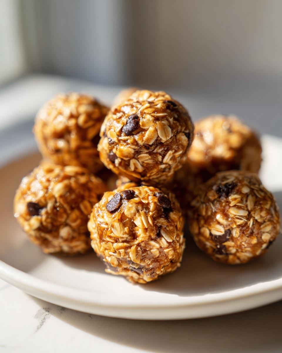 Close-up of no bake sweet snack ideas oatmeal energy bites with chocolate chips on a white plate