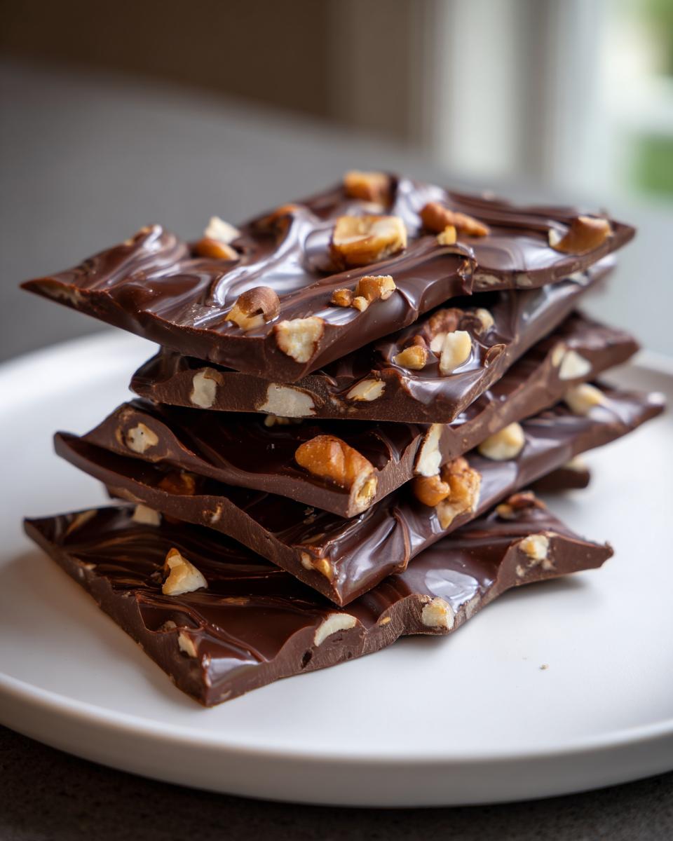 Stacked pieces of dark chocolate bark with nuts on a white plate for quick chocolate snack ideas