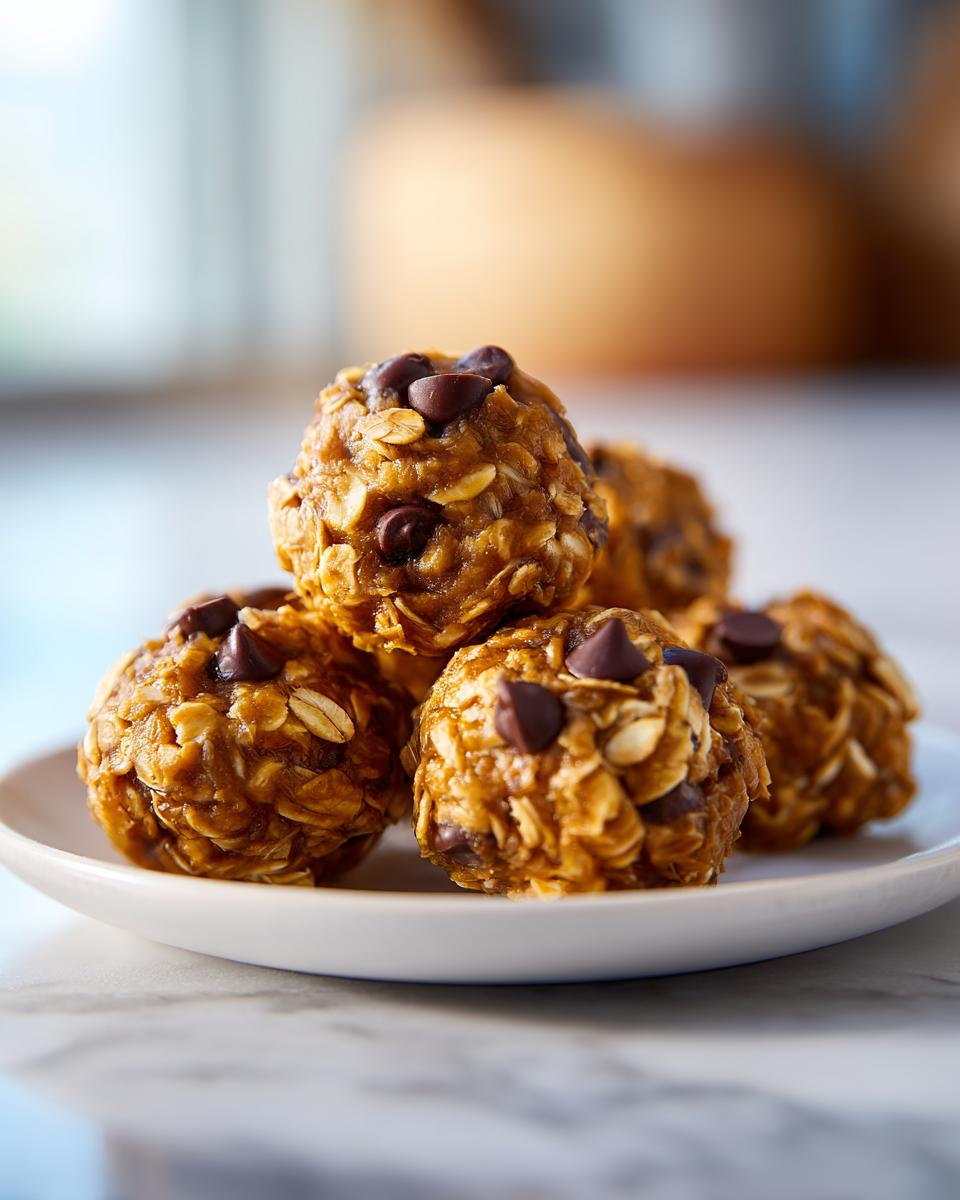 Close-up of oatmeal chocolate chip energy bites stacked on a white plate kid friendly sweet snacks