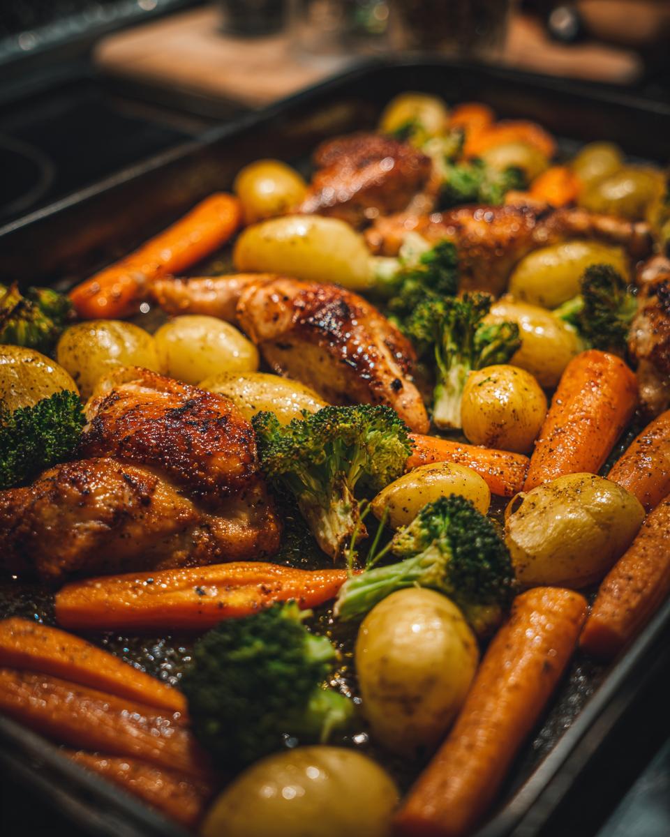 One pan baked dinners with roasted chicken, baby potatoes, carrots, and broccoli on a baking tray.