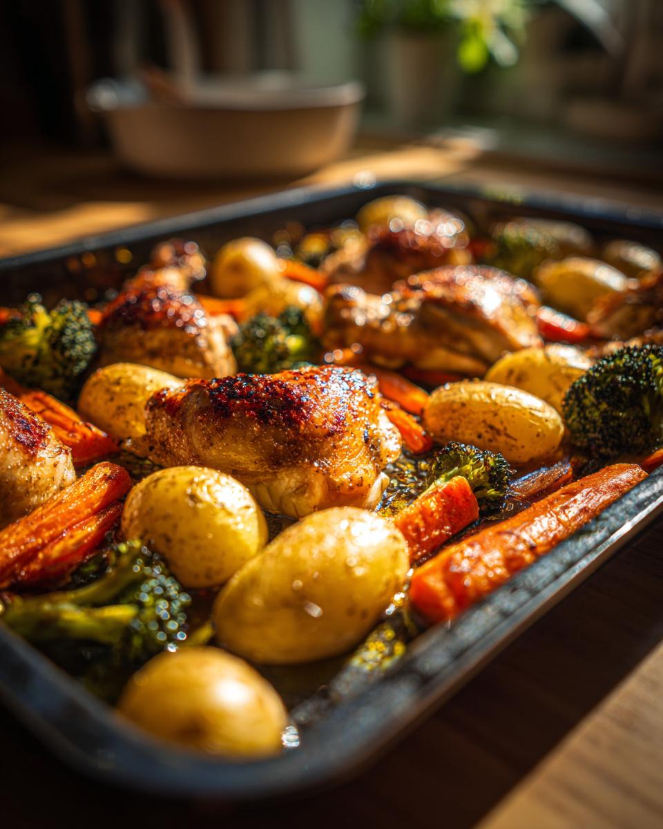 One pan baked dinners featuring roasted chicken thighs, baby potatoes, carrots, and broccoli in a baking tray.