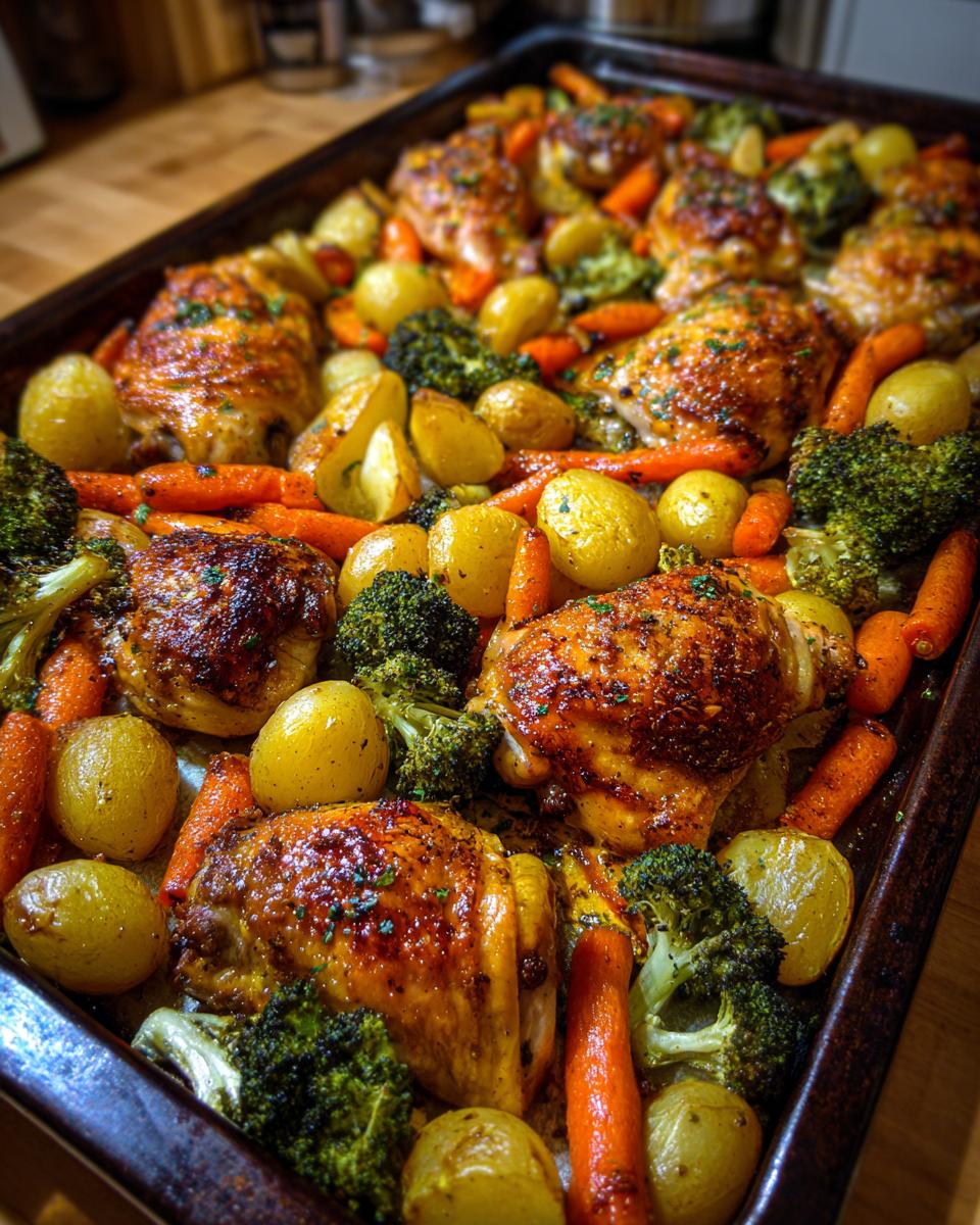 One pan baked dinners with roasted chicken thighs, baby potatoes, carrots, and broccoli on a baking tray.
