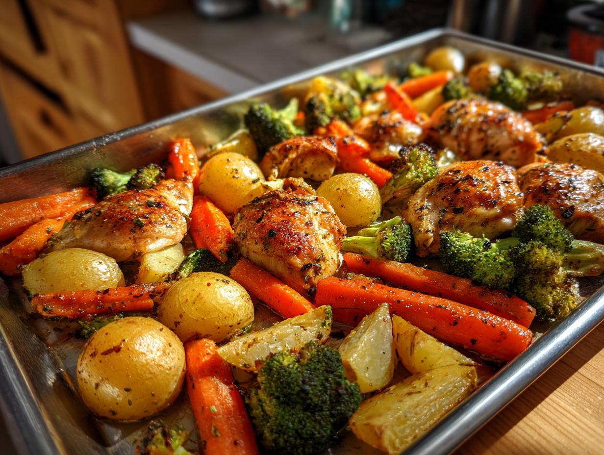 One pan baked dinners with roasted chicken, baby potatoes, carrots, and broccoli on a baking tray.