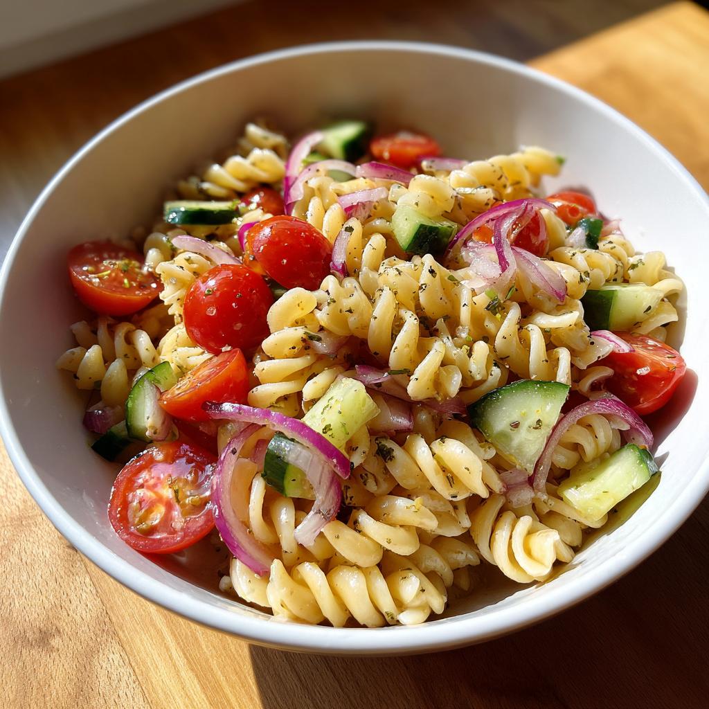 Bowl of pasta salad with cherry tomatoes, cucumber, and red onion, perfect easy picnic side dishes