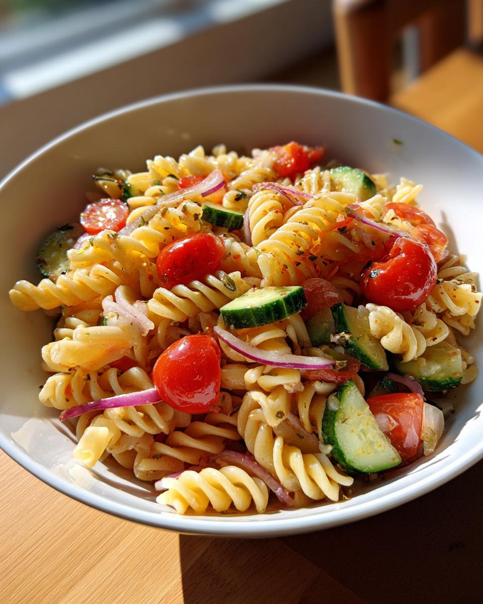 Bowl of pasta salad with rotini, cherry tomatoes, cucumber, and red onion, perfect easy picnic side dishes