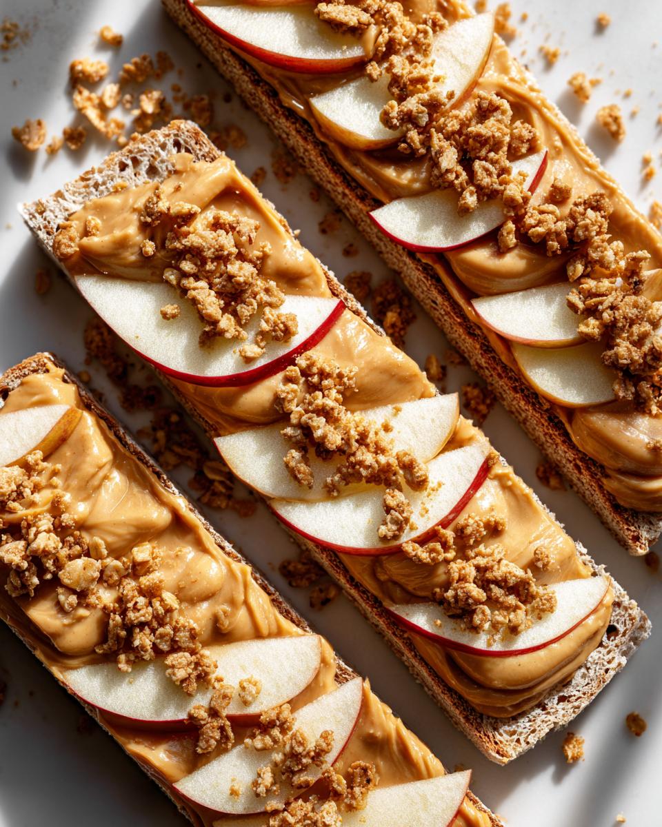Crispbread topped with peanut butter, apple slices, and granola clusters as quick after school snack ideas