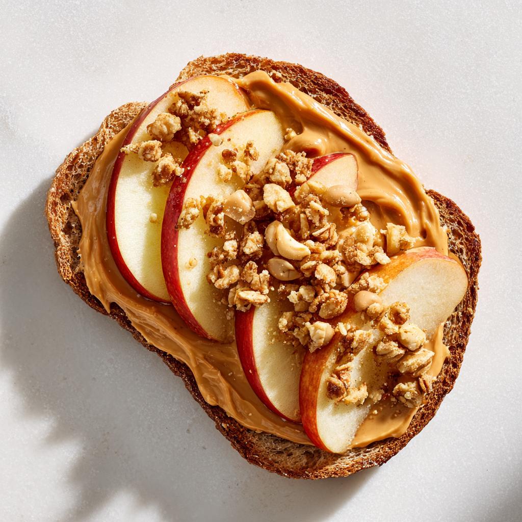 Toast with peanut butter, apple slices, and granola topping for quick after school snack ideas