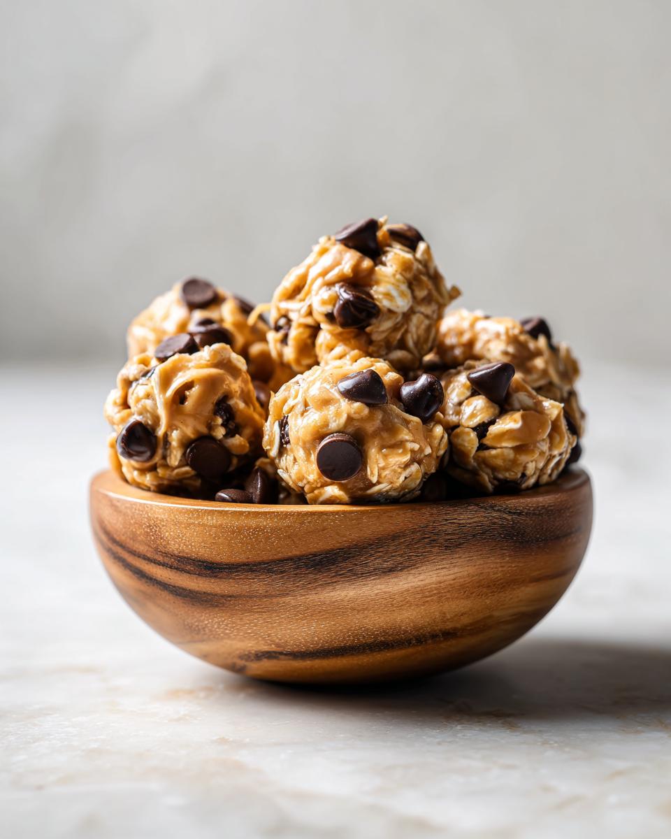 Close-up of peanut butter oatmeal balls with chocolate chips in a wooden bowl, a quick sweet snack recipes idea.