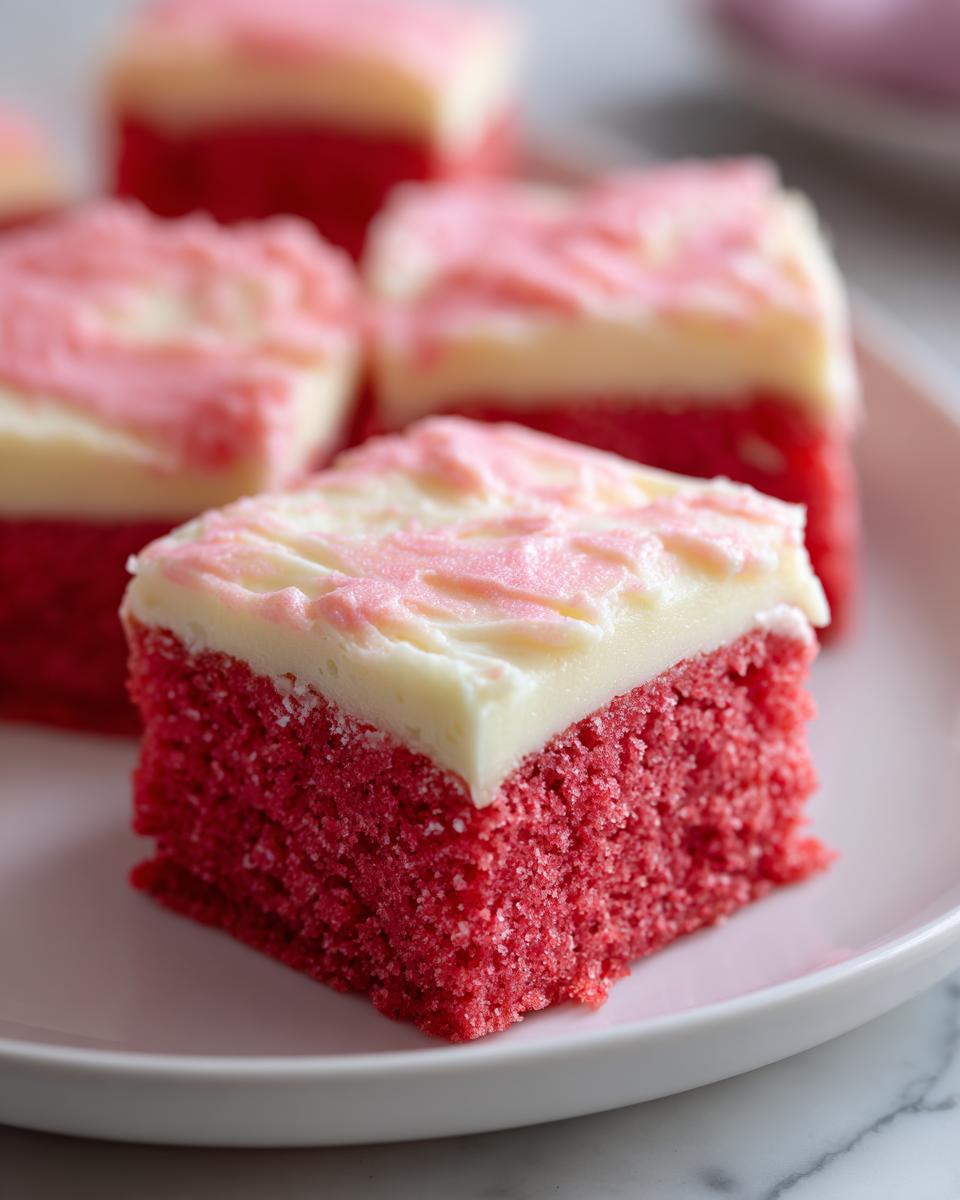 Square pieces of pink velvet dessert squares with creamy white and pink frosting on a plate.