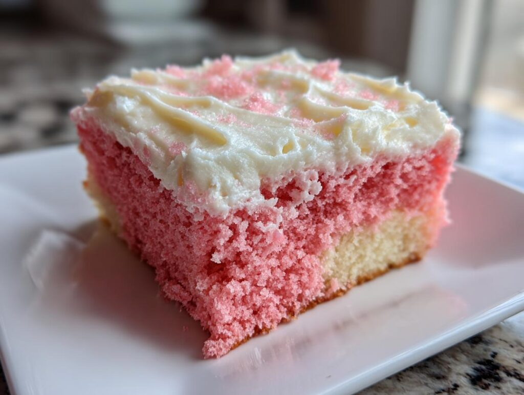 A close-up of a pink velvet dessert squares piece with white frosting on a white plate.