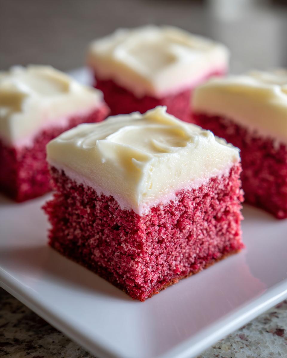 Four pink velvet dessert squares topped with creamy white frosting on a white plate.