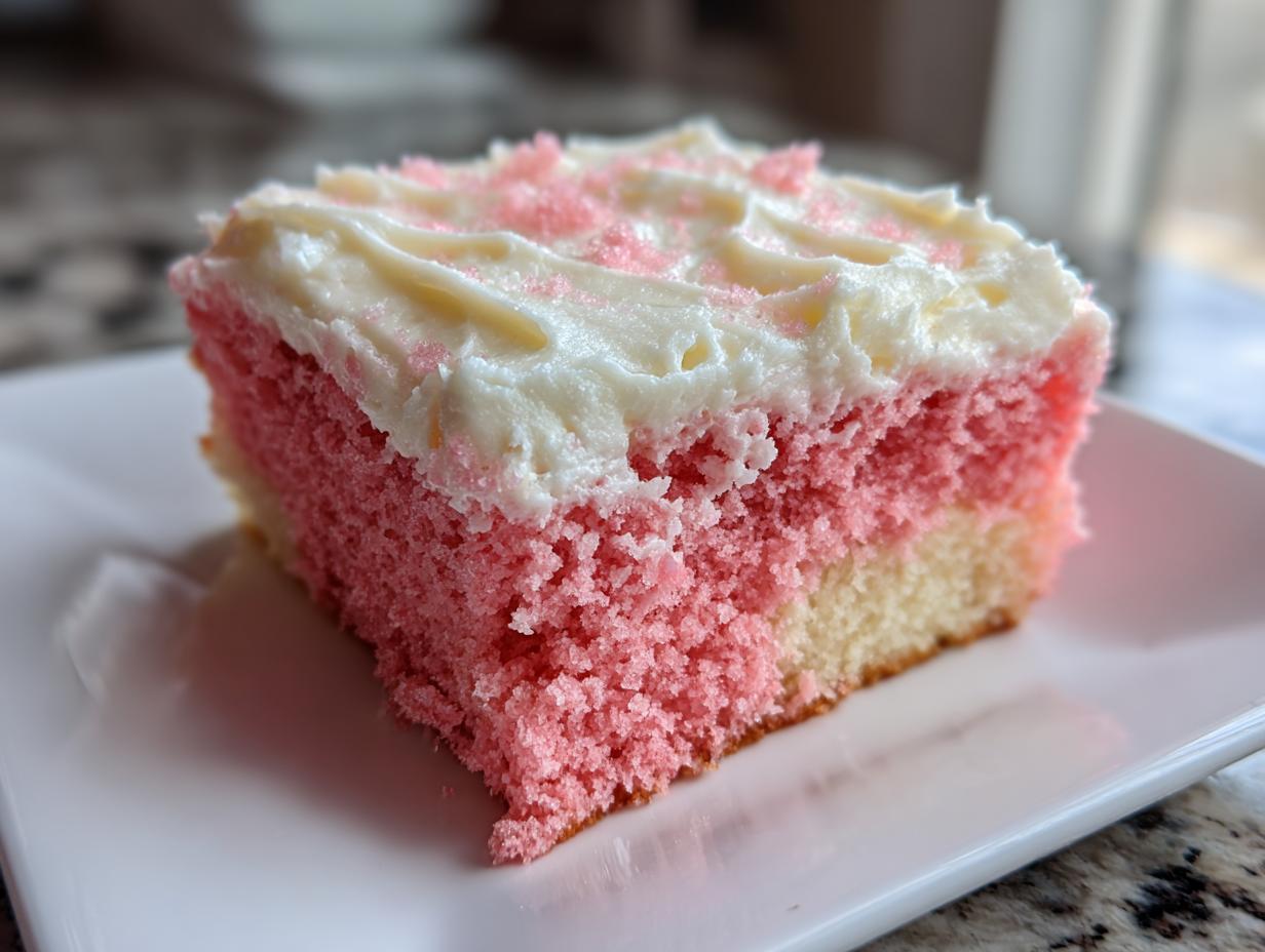 A close-up of a pink velvet dessert squares piece with white frosting on a white plate.