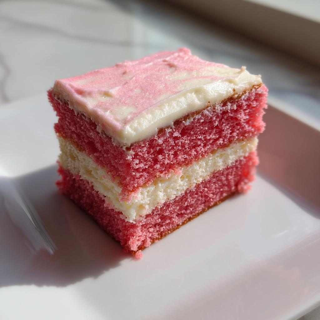 Close-up of a pink velvet dessert squares slice with creamy frosting on a white plate.