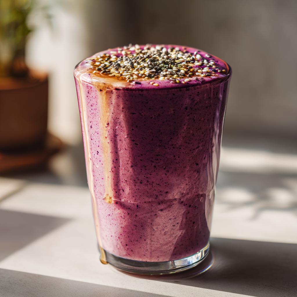Glass of purple berry smoothie topped with seeds, perfect for quick healthy breakfasts.