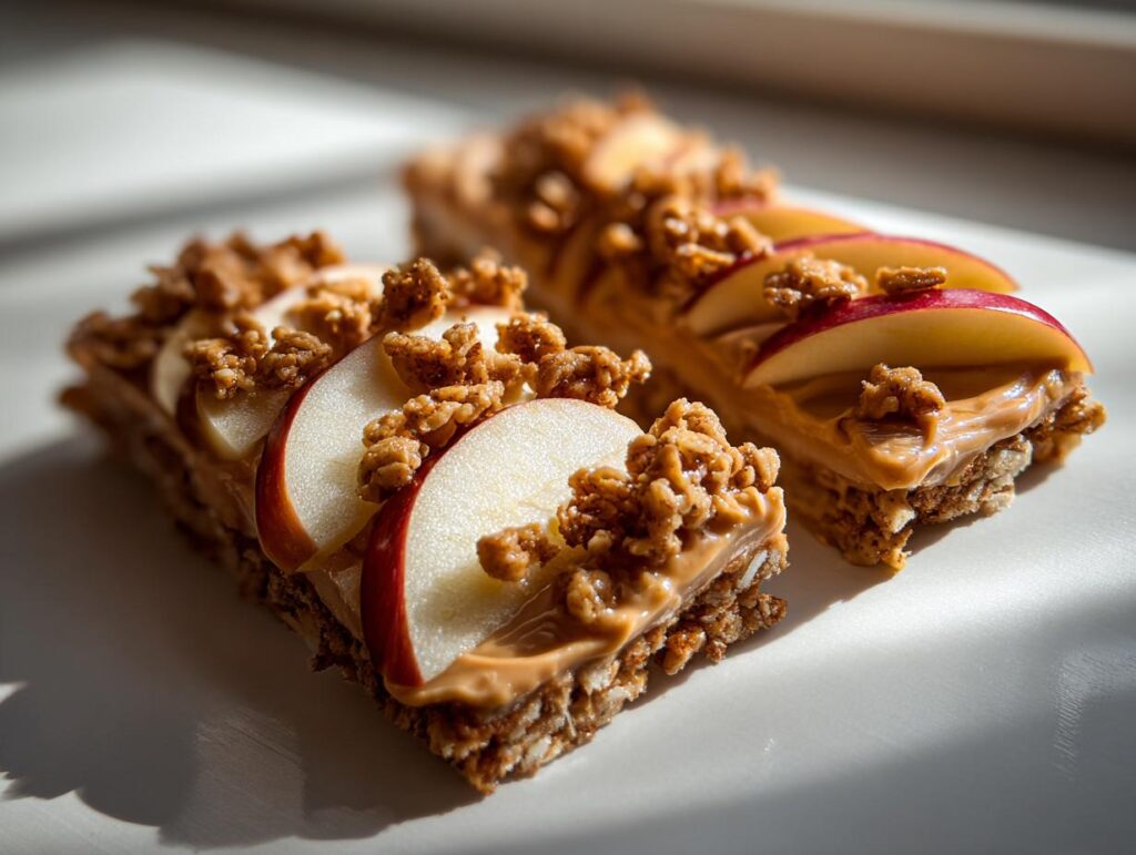 Two granola bars topped with peanut butter, apple slices, and granola on a white plate, a quick after school snack ideas