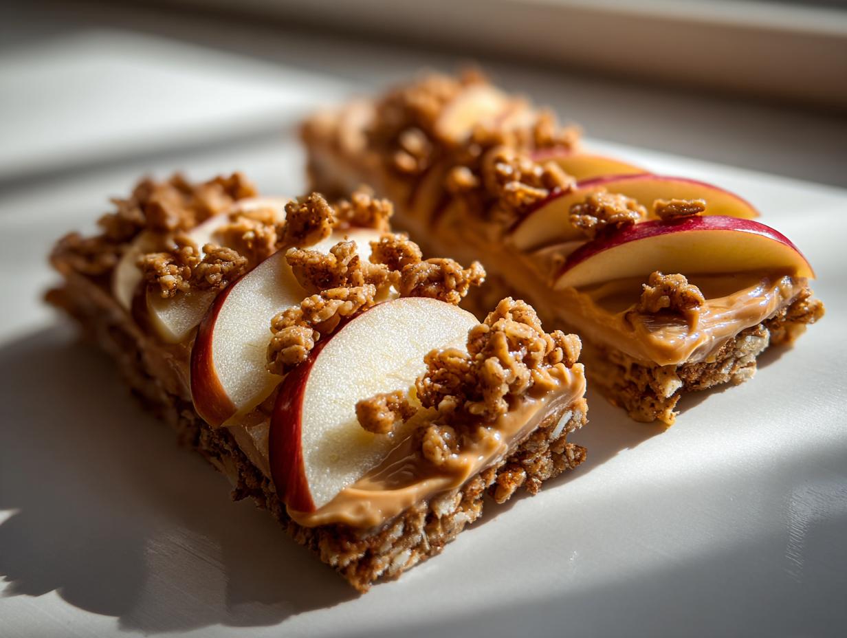 Two granola bars topped with peanut butter, apple slices, and granola on a white plate, a quick after school snack ideas