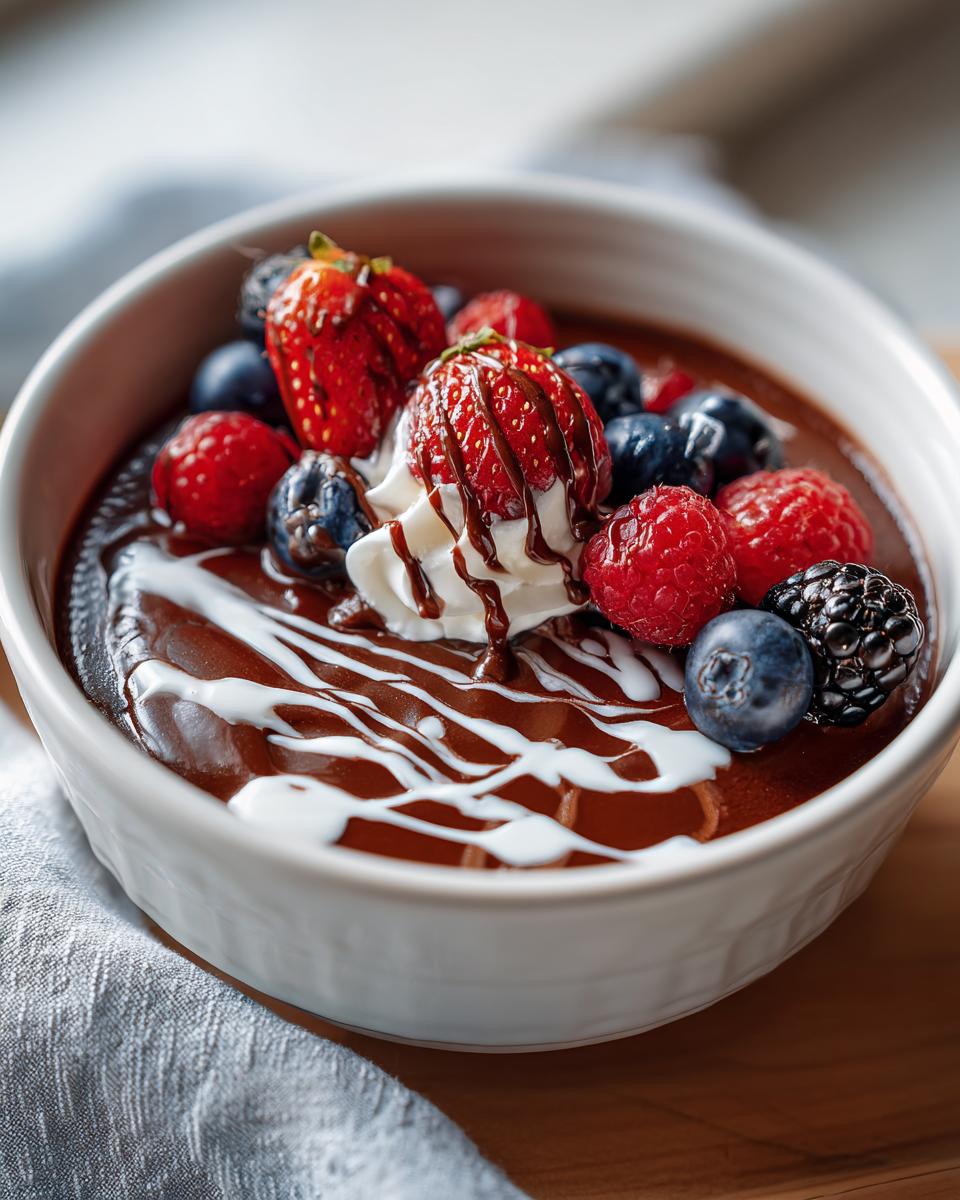 Quick chocolate desserts topped with strawberries, blueberries, raspberries, whipped cream, and drizzled chocolate.