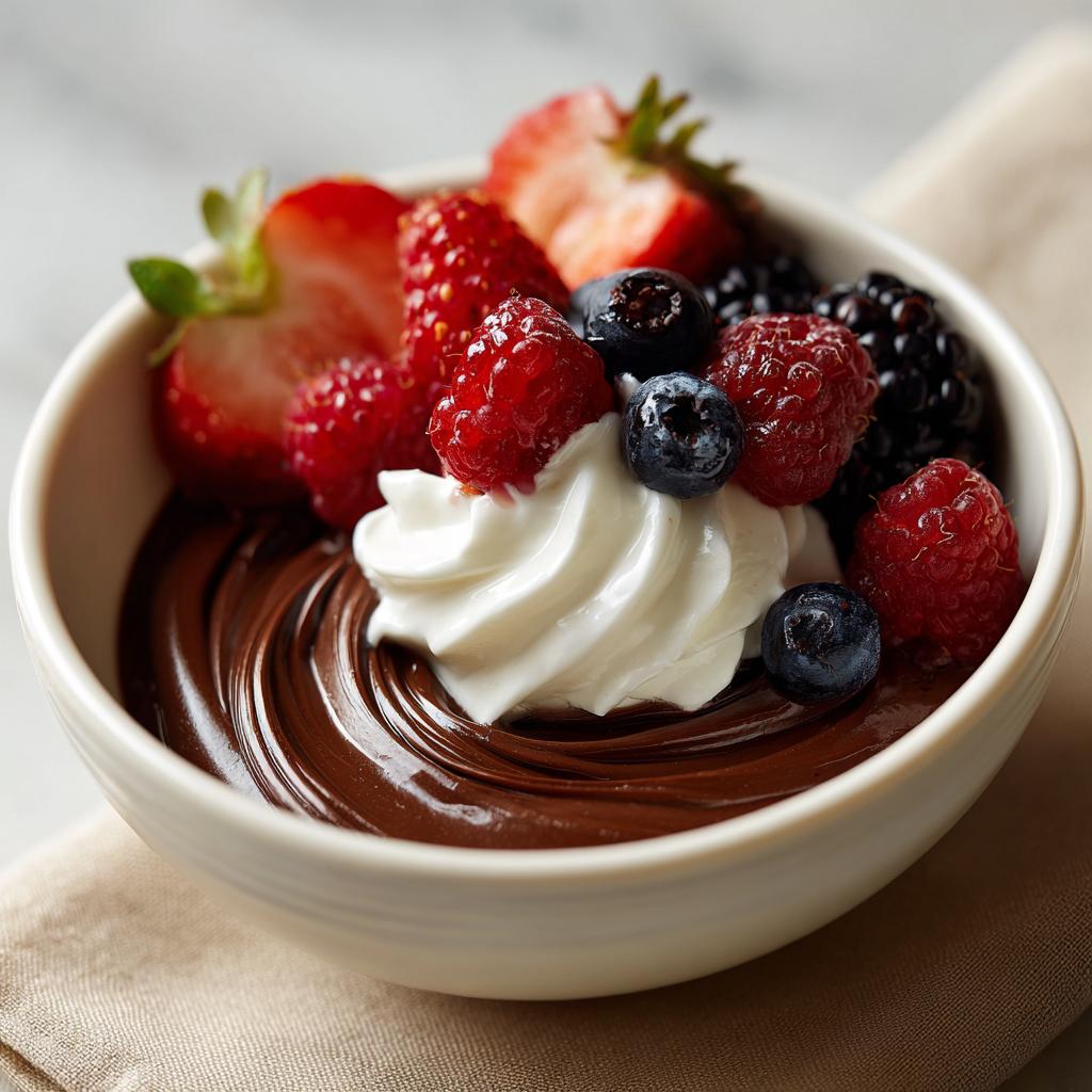 Bowl of quick chocolate desserts topped with whipped cream and fresh mixed berries