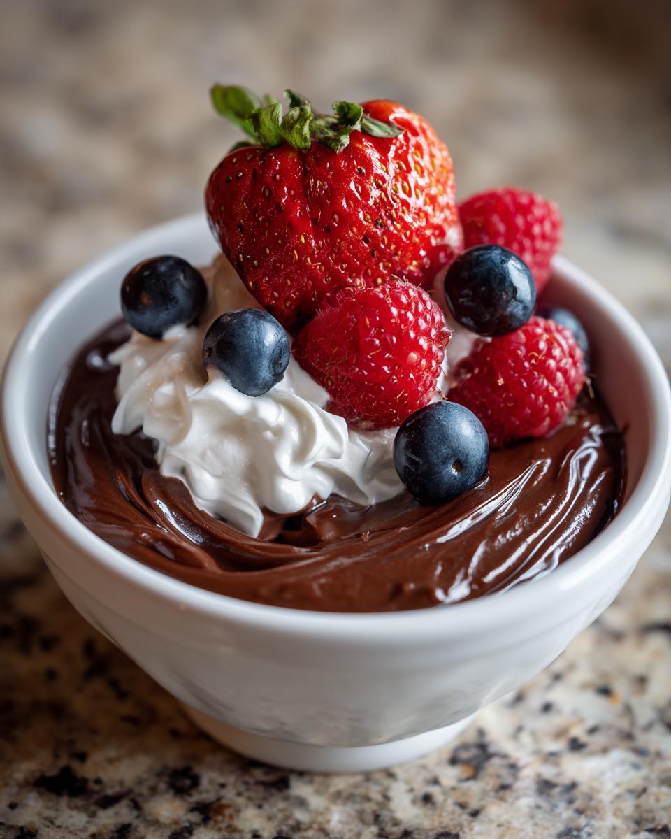 Bowl of quick chocolate desserts topped with whipped cream, strawberries, raspberries, and blueberries.