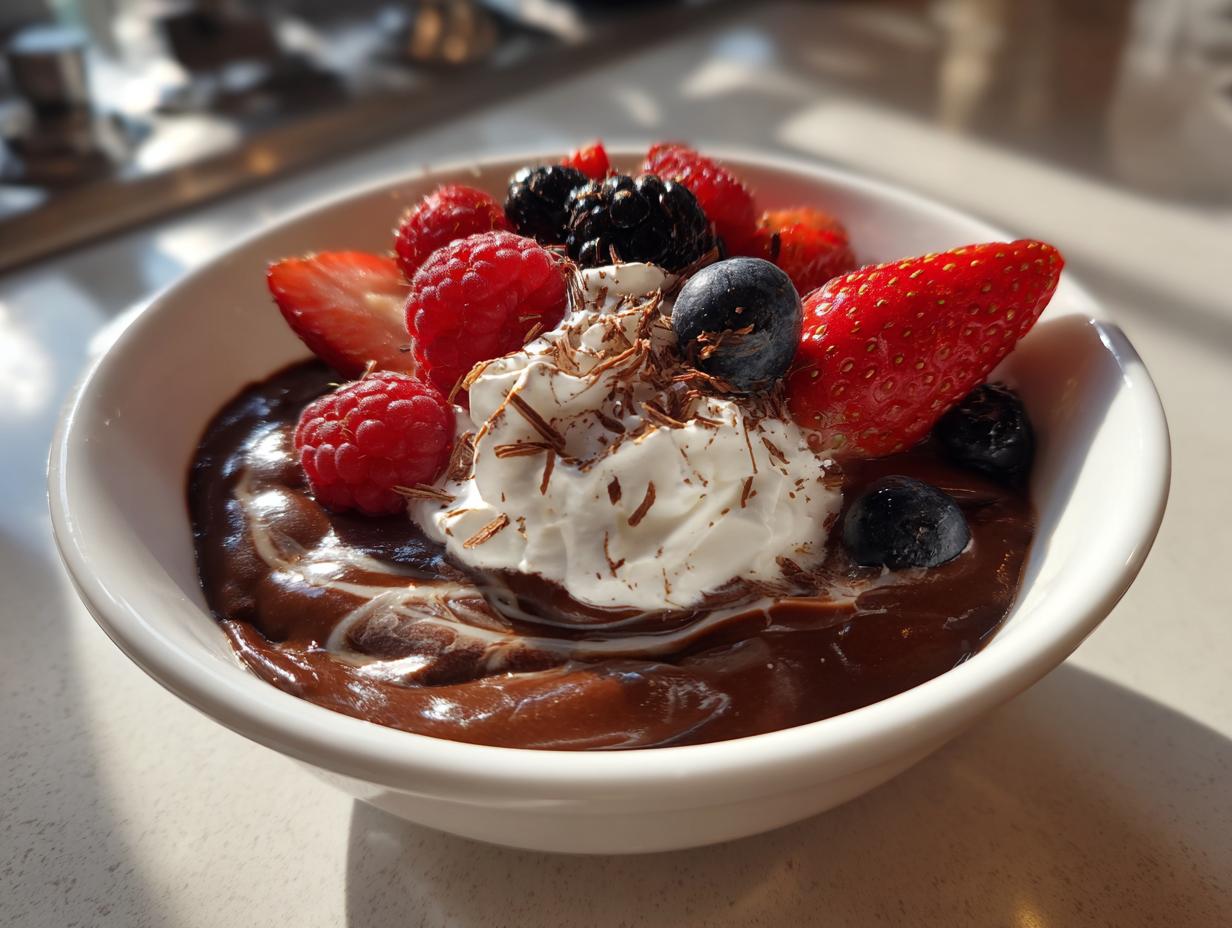 Bowl of quick chocolate desserts topped with whipped cream, strawberries, raspberries, blueberries, and chocolate shavings.