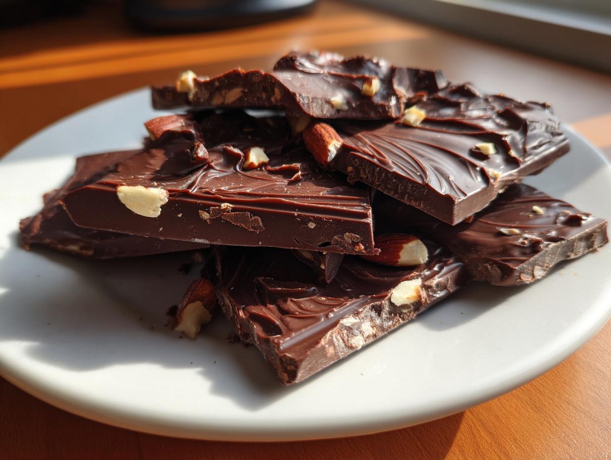 Close-up of broken dark chocolate pieces with almonds on a white plate for quick chocolate snack ideas