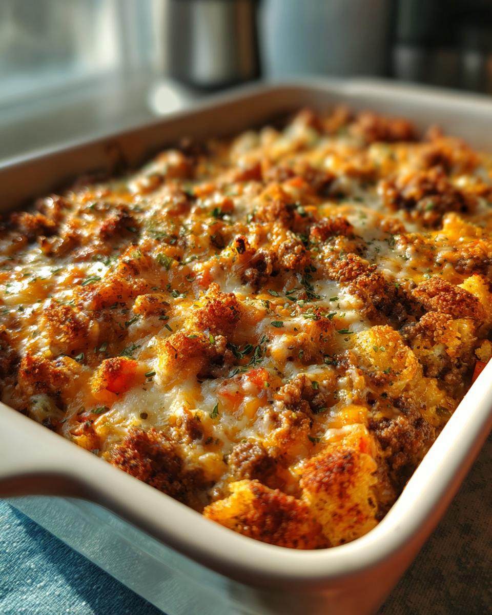 Close-up of a cheesy quick family casseroles with ground meat and herbs in a baking dish.