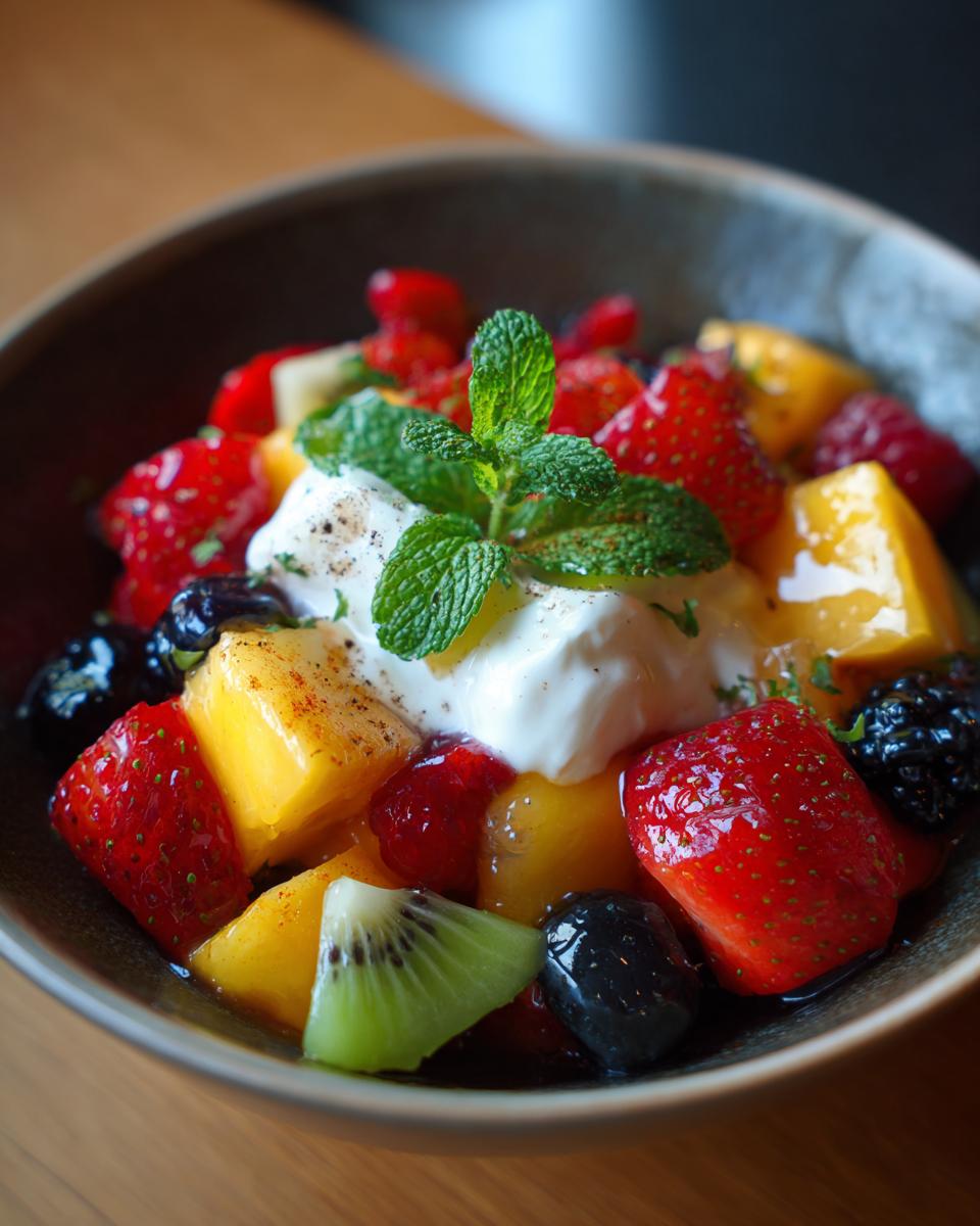 Colorful fresh fruit salad with strawberries, kiwi, blackberries, and cream topped with mint leaves