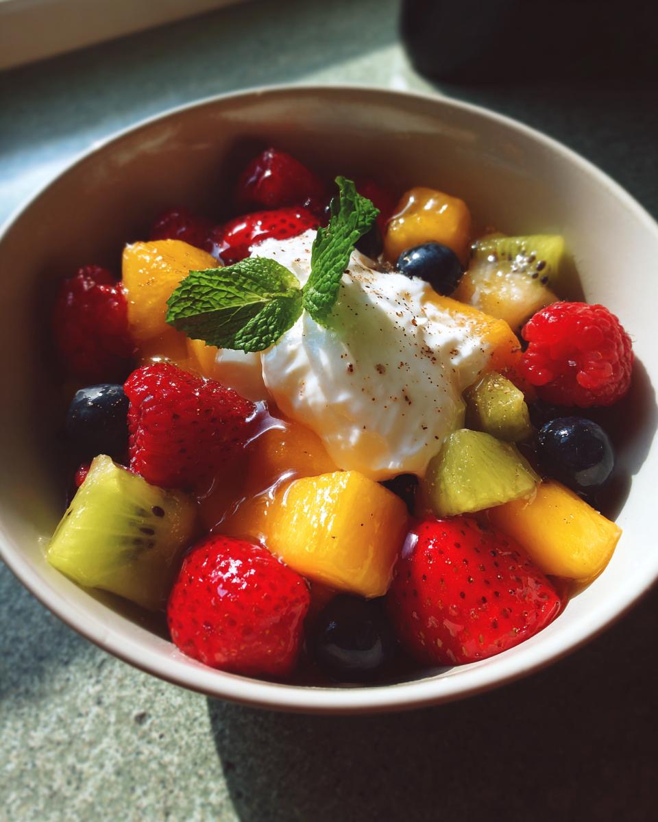 Bowl of mixed fresh fruit with cream and mint, a quick fruit dessert ideas dish
