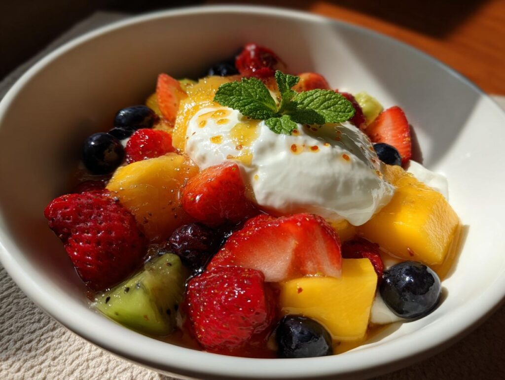 Bowl of quick fruit dessert ideas with strawberries, blueberries, mango, kiwi, yogurt, and mint garnish.