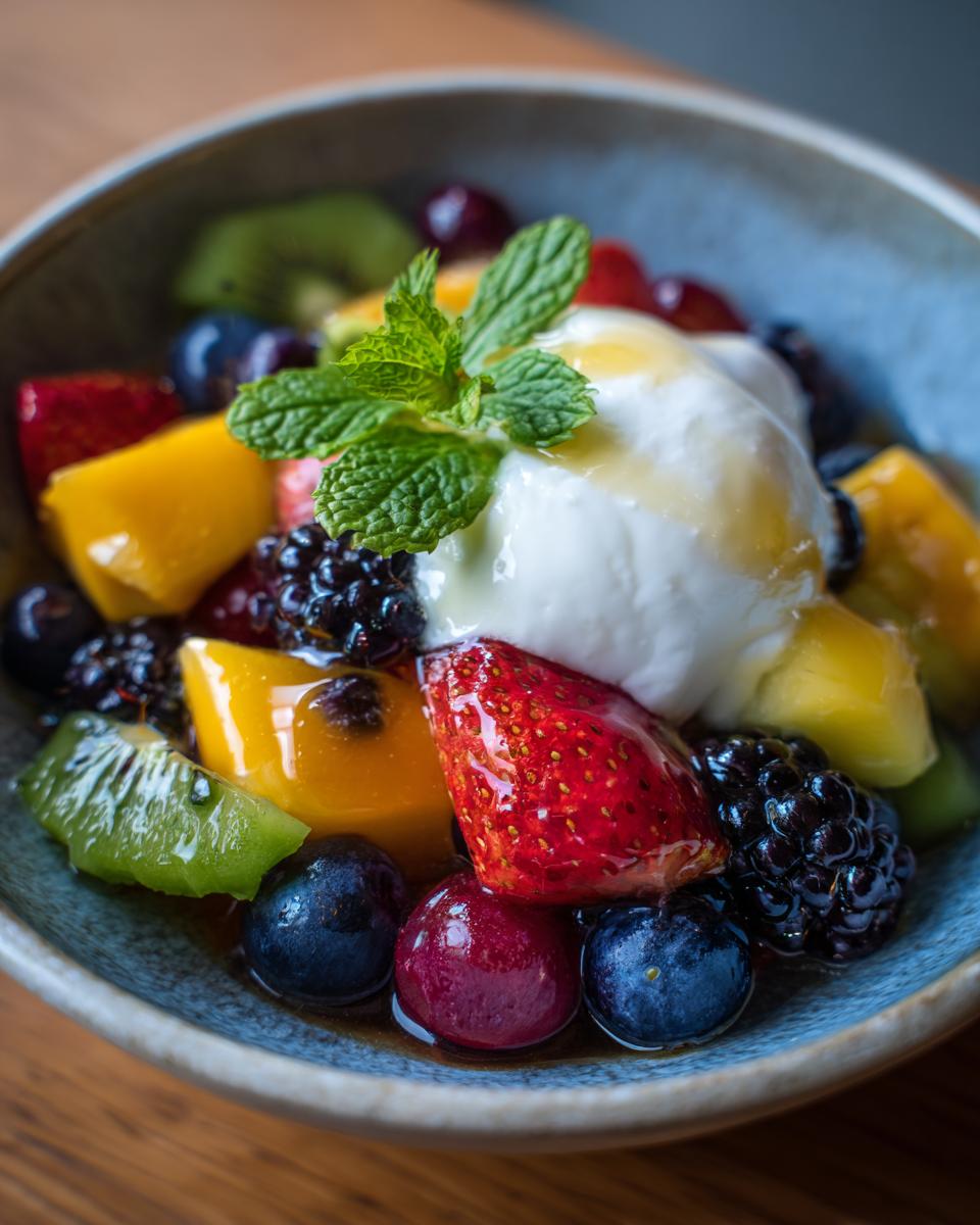 Bowl of quick fruit dessert ideas with mixed berries, kiwi, mango, yogurt, and mint garnish