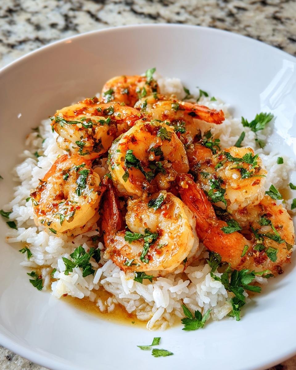 Plate of quick shrimp dinner recipes with garlic, herbs, and white rice.