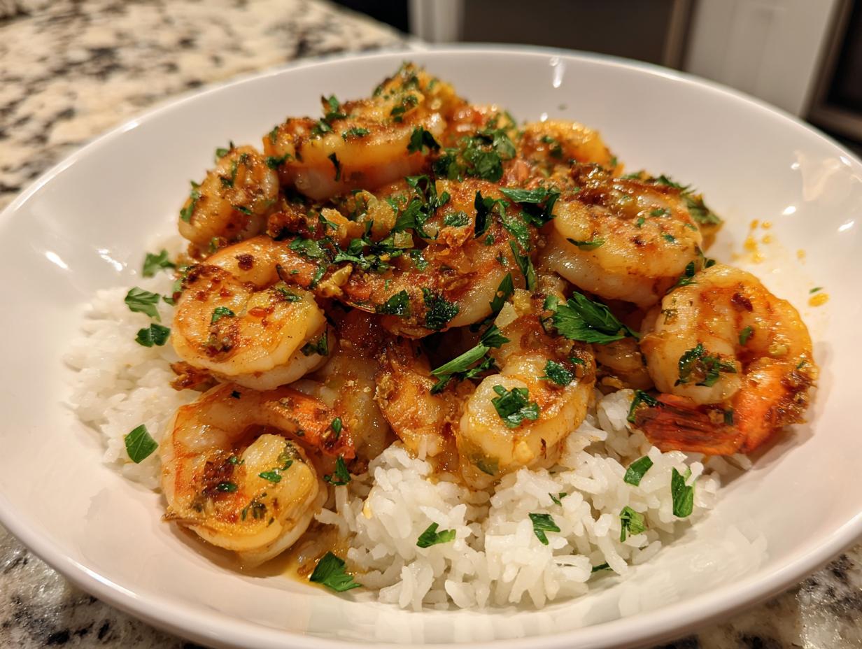 Bowl of quick shrimp dinner recipes served over white rice garnished with fresh herbs.